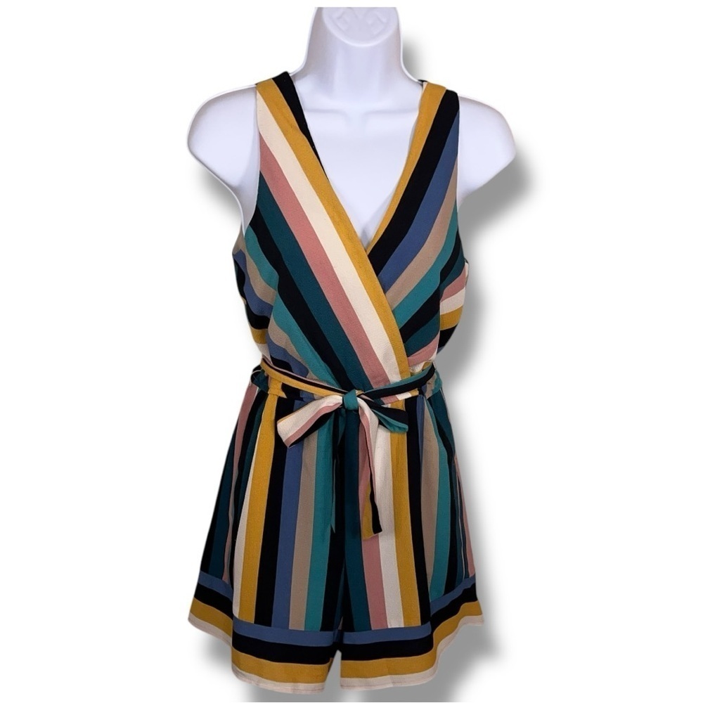 Small Speechless Colorful Sleeveless Romper Stretch Stripes Belted Teal Black